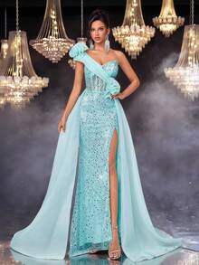 Glamrae Thanh lịch, Lãng mạn, Sang trọng, Trang nghiêm, Xanh lam, Lấp lánh, Không quai, Thắt eo, Xếp ly, Nàng tiên cá, Đuôi tàu, Váy dạ hội, Hoàn hảo cho Tiệc sinh nhật, Hẹn hò, Đám cưới, Dịp trang trọng, Váy dạ hội - Màu xanh ngọc - Xem 5