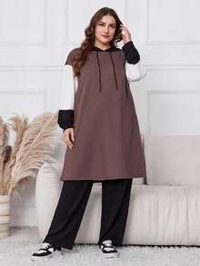 Lacomfia Bộ 2 món áo hoodie tay dài và quần dài họa tiết chắp vá màu trơn cỡ lớn - Bụi hồng - Xem 4