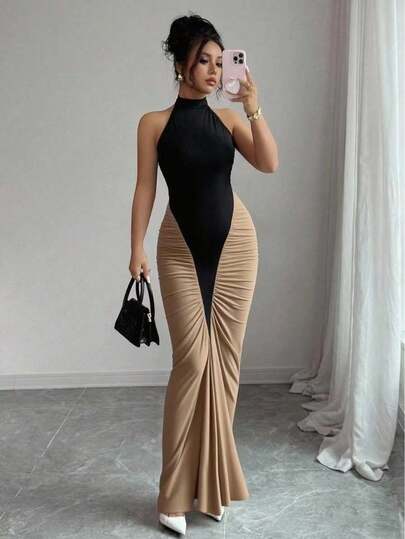 Elenzga Women's Black & White Color Block Halter Neck Cinched Waist Fishtail Hem Elegant Dress, Suitable For Commute And Daily Wear