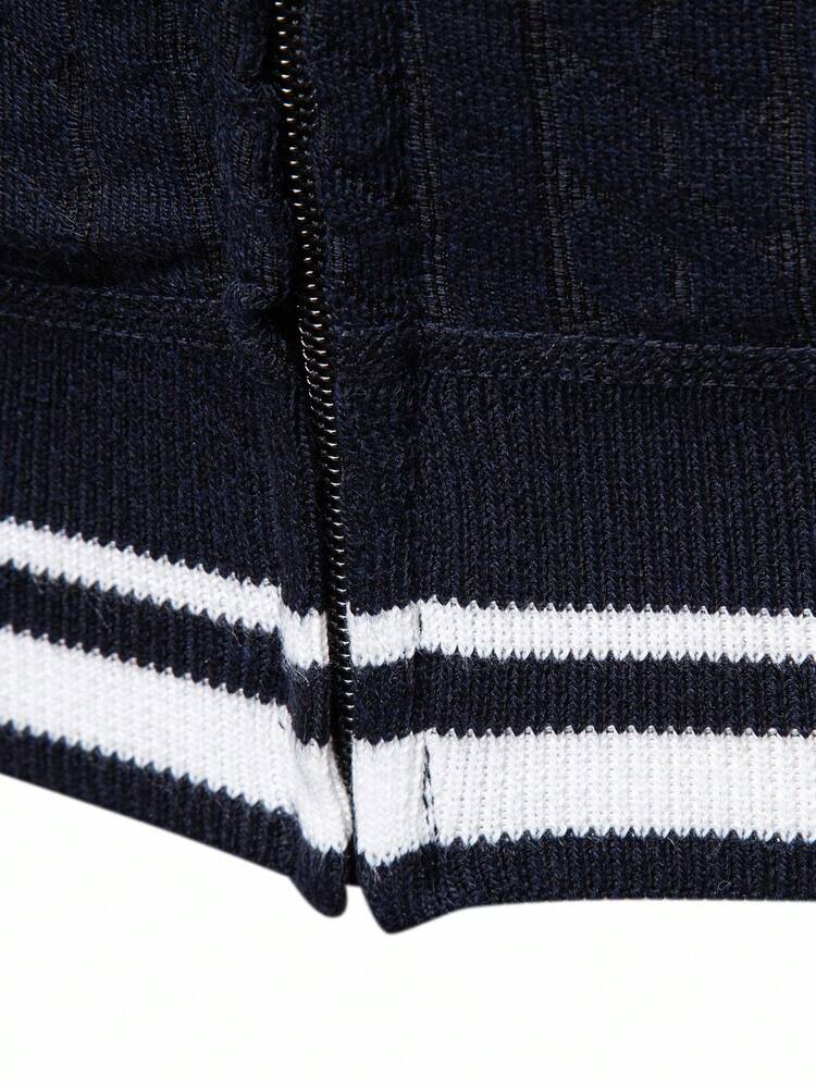 Manfinity Homme Men's Striped Long Sleeve Zip-Up Casual Knit Cardigan, Autumn - Navy Blue - View 4