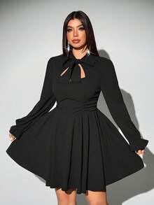 Viva Relle 大码女式纯色镂空领系腰连衣裙，秋季，派对 - 黑色 - 查看 3