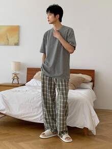 DAZY 男士格子面料松紧腰休闲裤，秋季睡衣 - 彩色 - 查看 3