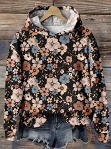 EMERY ROSE Casual Vintage Floral Pattern Loose Fit Sweatshirt For Plus Size Women, Suitable For Autumn/Winter,Fall Clothes For Women - Multicolor - View 1