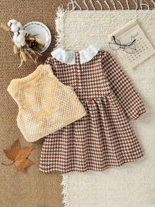 SHEIN Young Girl's Fashionable And Adorable Dress With A Lotus Leaf Collar, Long Sleeves, And Retro Plaid Pattern, Paired With Plush Vest. The Retro Plaid Paired With The Warm Plush Makes This Young Girl's Fall Overall Dress Perfect For 4 To 7-Year-Old Girls To Wear Outdoors Winter
