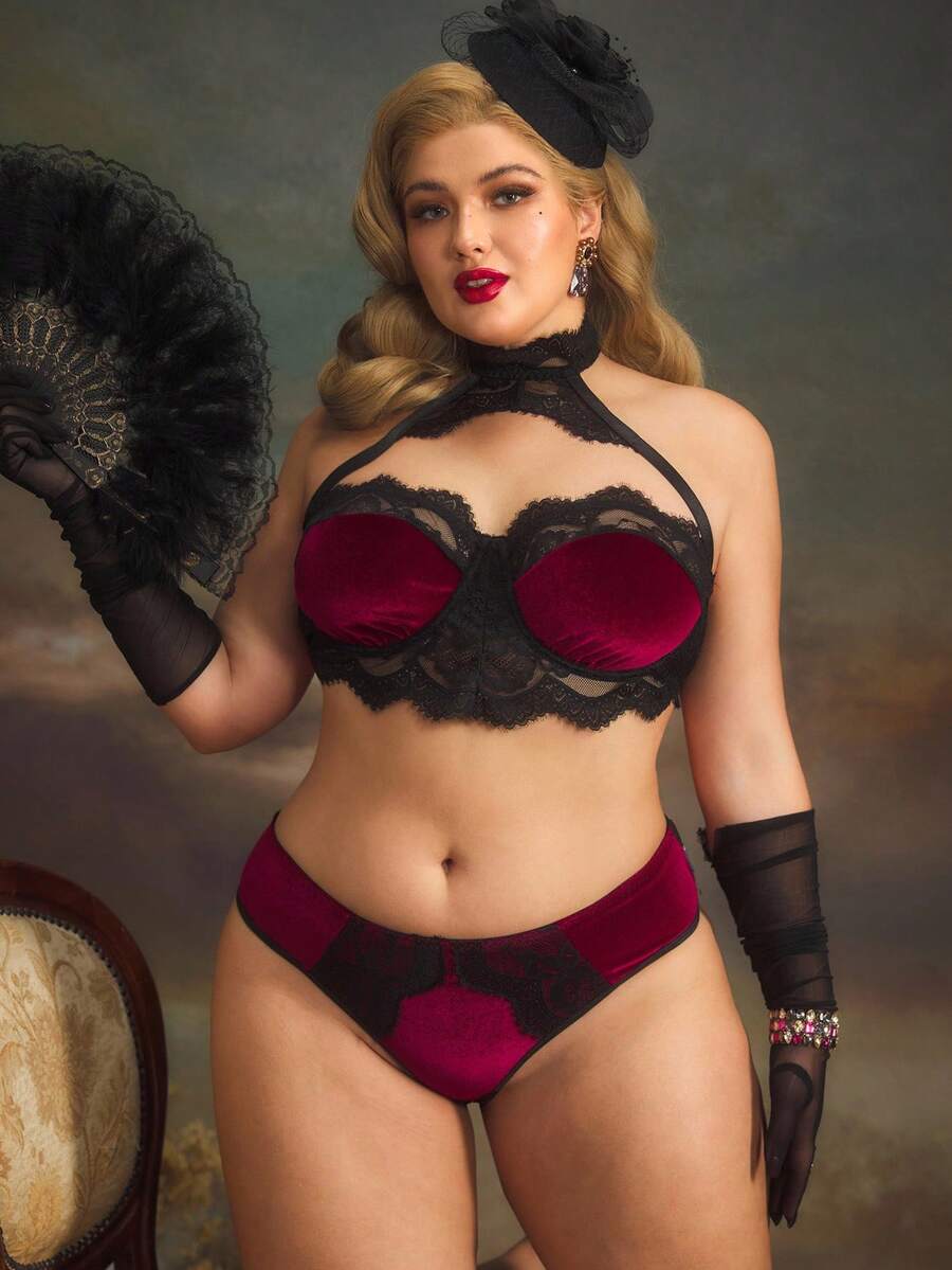Plus Size Lace Patchwork Palace Style Velvet Heart-Shaped Lingerie - Burgundy - View 1