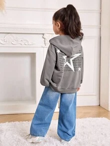 SHEIN 母女装，小女孩粉色星星图案宽松灰色卫衣，女童冬季服装，女童秋季服装，小女孩服装，适合运动风格，适合秋冬季休闲日常穿着及上学穿着。 - 灰色 - 查看 3