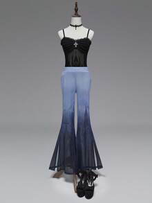 ROMWE Gothic Graveyard Pattern Sheer Women's Flare Pants, Halloween - Dusty Blue - View 6
