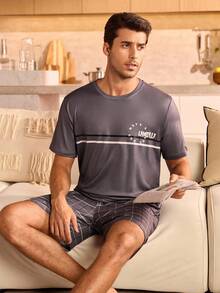 Manfinity Underwear&Sleepwear Basics 男士休闲时尚家居服套装，夏季 - 灰色 - 查看 1