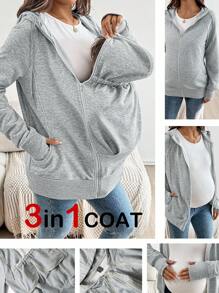 SHEIN 3-In-1 Maternity Hoodie Jacket With Pocket, Solid Color Pregnancy Sweatshirt Outerwear   Zip Up Hoodie   Fall Women Clothes - Grey - View 9