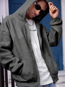 Manfinity Dauomo Áo hoodie dài tay có túi màu trơn dành cho nam, thường ngày cho mùa thu - Màu xám đen - Xem 5