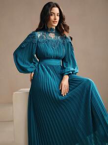 Anewsta 优雅手工串珠花卉拼布褶皱下摆长裙，适合秋季、优雅、别致、派对、圣诞节、新年、婚礼 - 墨綠色 - 查看 3