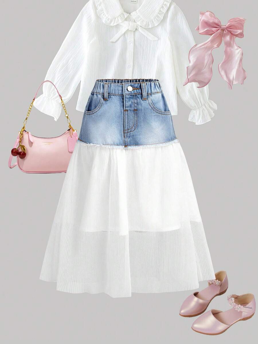 SHEIN Young Girl Casual Blue With White Long Skirt, Fall Kid's Casual And Comfortable Wear, Beach For Kid , Graduation - Light Wash - View 1