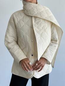 Firerie 女士休闲优雅亮片绗缝围巾领棉服大衣/配围巾的棉服大衣/纹理亮片花朵绗缝/女士秋装/女士冬装/知性优雅女装/日常外出/通勤装/商务谈判 - 白色 - 查看 9