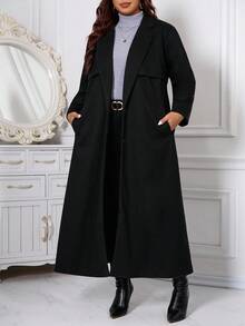 Reflora 大码女式黑色翻领长袖单排扣休闲长款外套，防寒保暖舒适，适合秋季穿着，带内衬和口袋，2025新款，长袖口袋休闲外套，秋季、冬季、复古风、外出、秋季、办公室、秋季、优雅、秋季、办公室、万圣节服装、秋季上衣、老钱风格女式长款外套，中性休闲办公室、冬季外套、圣诞节，适合多种场合 - 黑色 - 查看 3