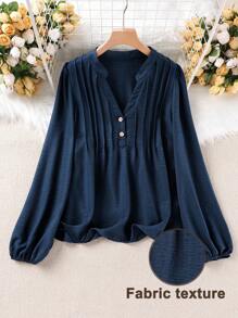 Linhara 大码休闲度假衬衫，纽扣装饰，荷叶边袖，前条纹设计，乡村休闲风，适合日常穿着，秋季女装 - 藍色 - 查看 6