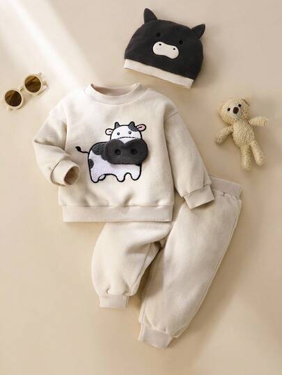 SHEIN Bộ 2 món/Bộ áo hoodie dày tay dài in hình bò hoạt hình cho bé trai, quần và mũ, mùa thu/đông