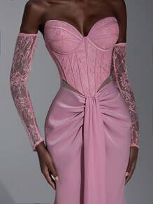 Elitara 优雅莲花粉色蕾丝拼接缎面紧身胸衣，搭配透明鱼骨胶条，飘逸下摆，适合度假、约会、生日派对、婚礼、毕业典礼、正式晚会 - 藕粉色 - 查看 3