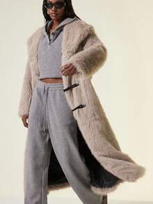 Aveloria GENKIRA Light Milk Tea Color Fashionable Luxurious Metallic Leather Buckle Decor Open Front Oversized Collar Punk Chic Women Long Faux Fur Coat - Grey - View 1