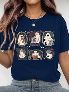 EMERY ROSE Halloween Themed Plus Size Graphic T-Shirt, Casual And Comfortable Round Neck T-Shirt, Halloween T-Shirt, Suitable For Summer - Navy Blue - View 1