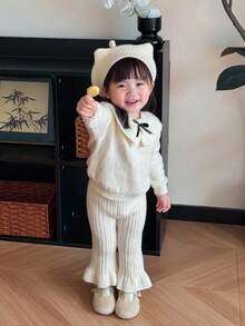 DAZY 女婴荷叶边领韩版蝴蝶结长袖毛衣裤套装，奶油色女婴套装，泡泡袖女婴套装，幼儿女童服装 - 米色 - 查看 4
