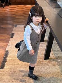 DAZY Gaun Sweater Midi Berlapis Gaya Korea Warna Polos Leher V untuk Balita Perempuan, Musim Gugur/Dingin - Grey - View 1
