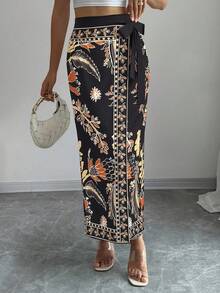 Elenzga 女士优雅通勤花卉印花系带裹身裙 - 彩色 - 查看 3