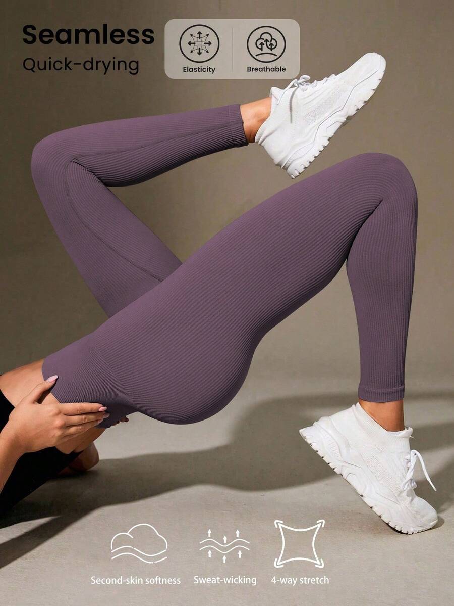 Easithlete Quần legging bó cạp cao liền mạch có gân dành cho nữ - Quần legging mềm mại như làn da thứ hai, nhanh khô, thoáng khí, co giãn 4 chiều, dùng để chạy bộ, đạp xe, tập yoga, bóng chày, thường ngày, màu đen - Màu đỏ tím - Xem 1