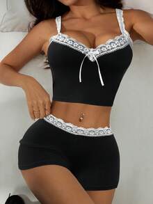 SHEIN PETITE Women's Lace Patchwork Bow Decor Cropped Camisole And Shorts Bodycon Sexy 2 Pieces Set ,Petite Women - Black - View 6