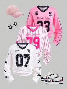 SHEIN 3 件青少年女孩时尚运动字母和数字印花长袖 T 恤（粉色白色条纹、白色、粉色），常规厚度，休闲，秋季