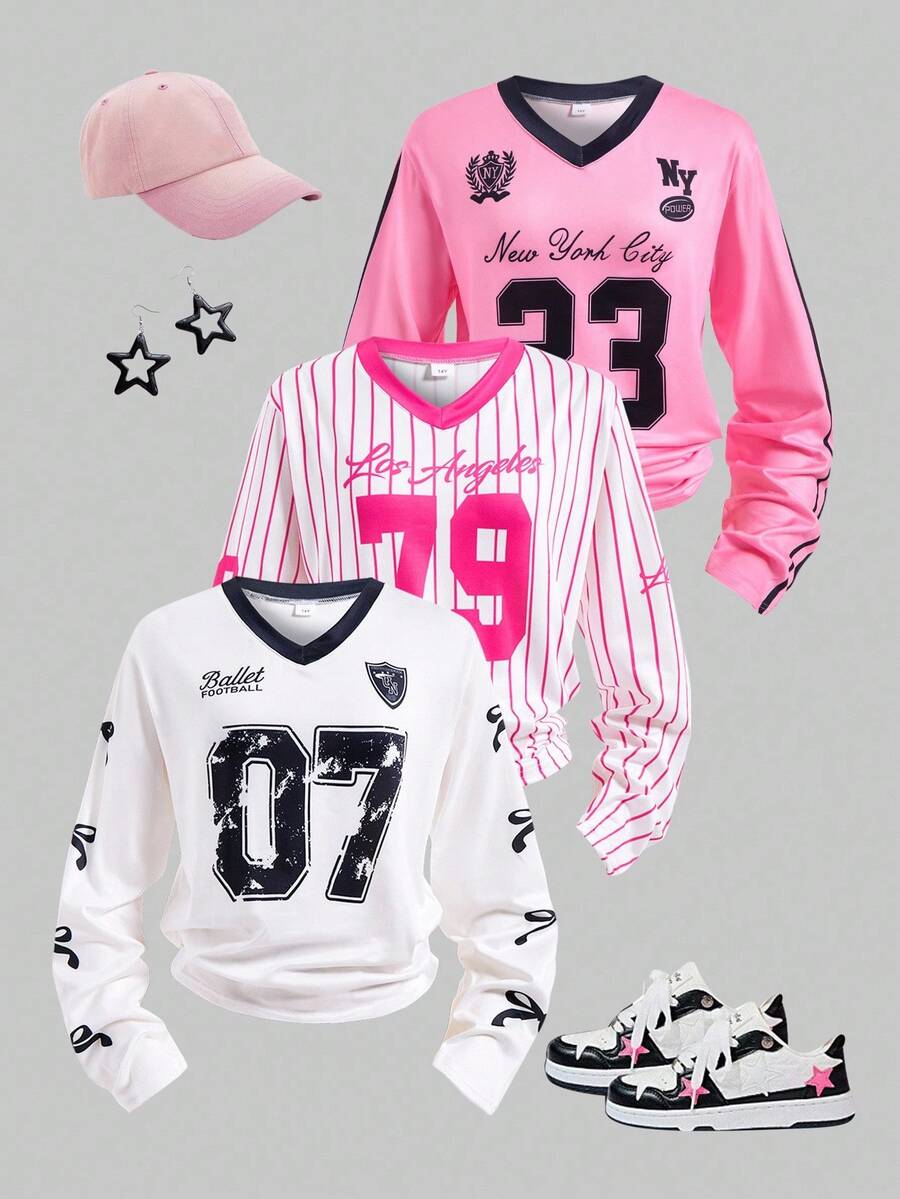 SHEIN 3 件青少年女孩时尚运动字母和数字印花长袖 T 恤（粉色白色条纹、白色、粉色），常规厚度，休闲，秋季