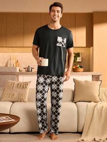 Manfinity Underwear&Sleepwear Basics 男士格子短袖上衣和裤子睡衣套装 - 彩色 - 查看 4