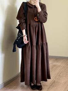 FRIFUL 女式秋季纯棕色彼得潘领长袖连衣裙，秋季连衣裙，户外连衣裙 - 咖啡棕 - 查看 4