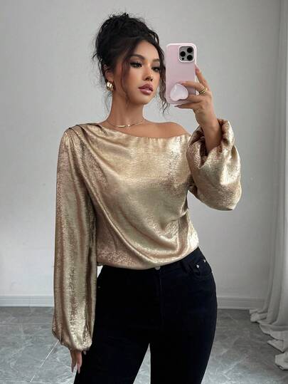 Selianne Women's Metallic Shoulder Ruched Lantern Sleeve Fashion Blouse