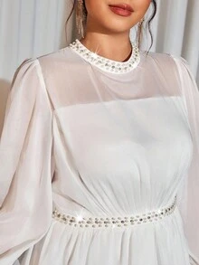 Cravure Christmas Plus Size Women Elegant Pearl & Diamond Embellished Long Sleeve Cocktail Party Dress Fall Cloth For Women