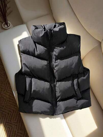 SHEIN Tween Girls Black Short Stand Collar Zipper Front Padded Coat, Casual Fashion Street Style Kids Vest Black Puffer Vest Kids Black Vest Girls Vest,In Fall/Winter