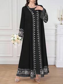 SHEIN Najma 女士佩斯利印花 V 领长袖优雅阿拉伯风格长裙，春夏 - 彩色 - 查看 3