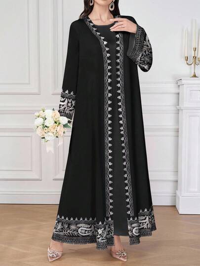 SHEIN Najma Váy maxi dài tay cổ chữ V họa tiết Paisley thanh lịch theo phong cách Ả Rập dành cho nữ, Xuân/Hè