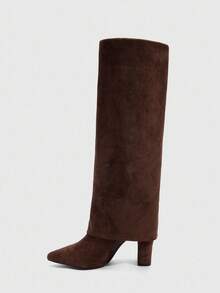 CUCCOO SZL 女士尖头粗高跟靴，棕色 PU 绒面革材质，分层设计，时尚简约，适合日常、派对、活动，侧拉链 - 棕色 - 查看 5