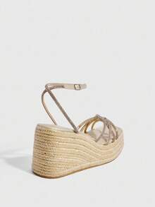 CUCCOO SZL Women's Wedge Thick Bottom Jute Rope Rhinestone Sandals - Gold - View 4