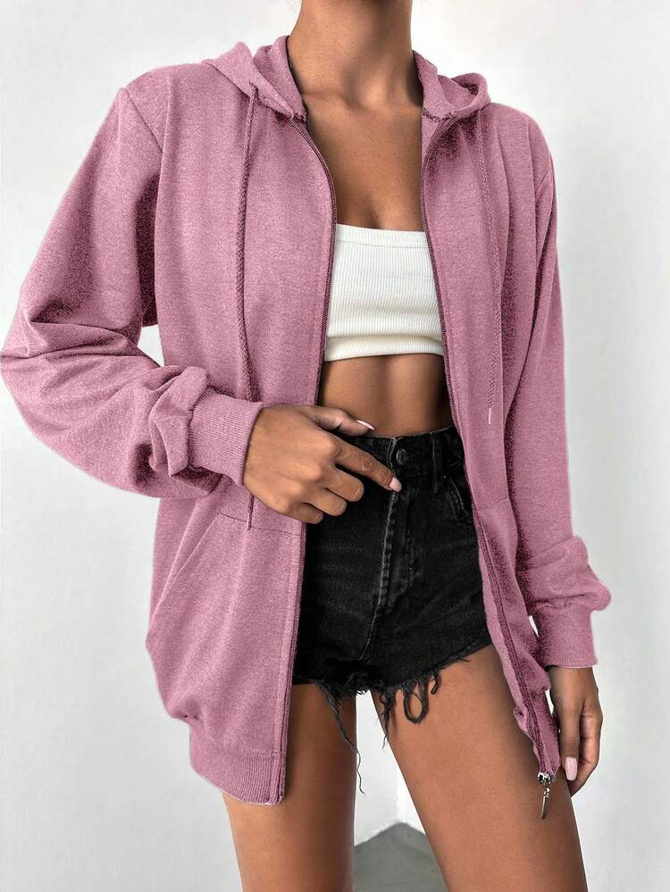 EURMUSE 100%纯棉纯色拉链抽绳连帽衫 - 淺粉色 - 查看 5