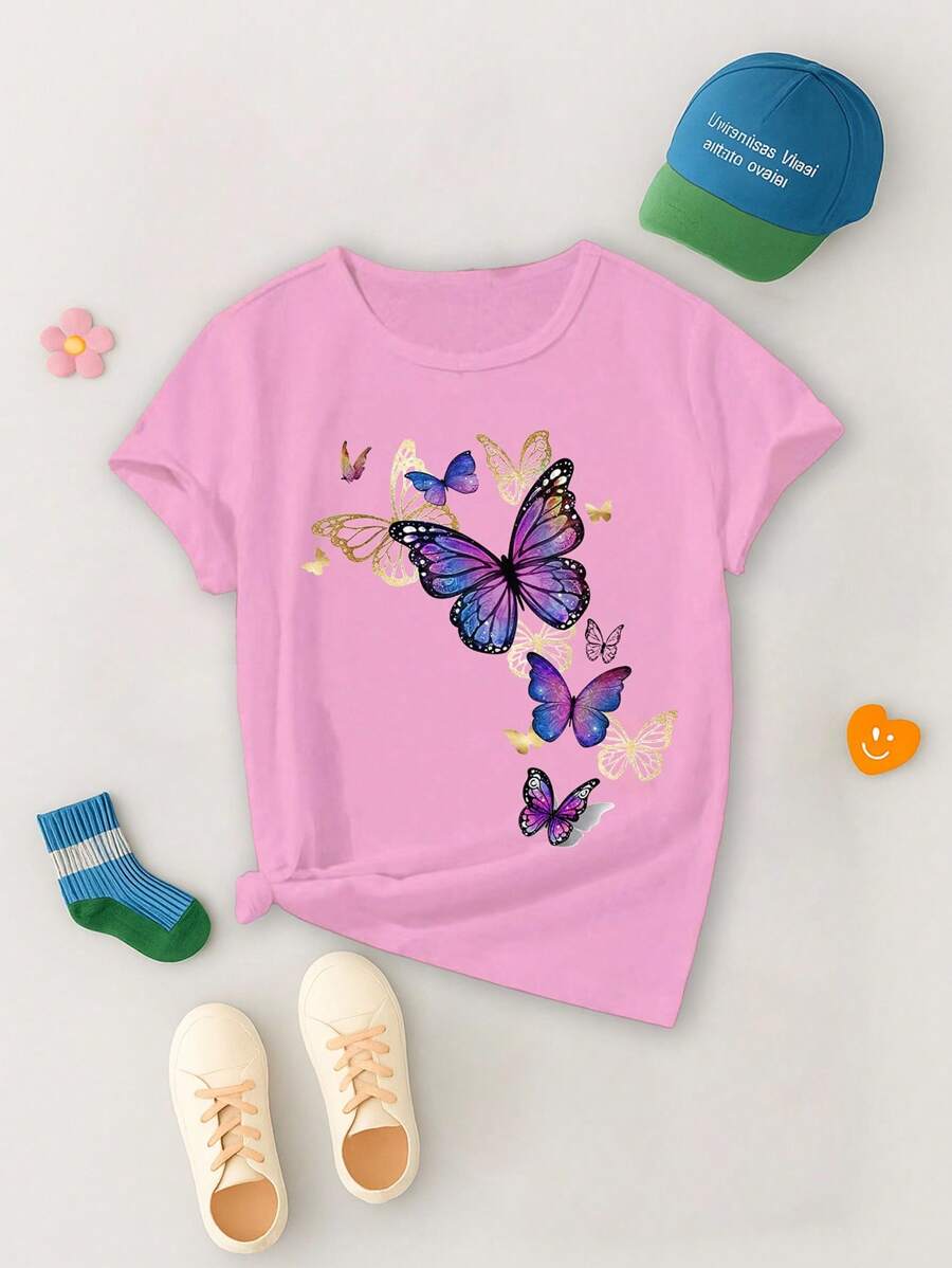 Sparklyn Áo thun cổ tròn tay ngắn in hình bướm đơn giản cho bé gái tuổi mới lớn - Hồng - Xem 1