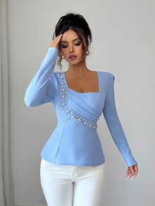 Elenzga 女士优雅浪漫珍珠装饰领腰修身长袖衬衫 - 霧霾藍 - 查看 4