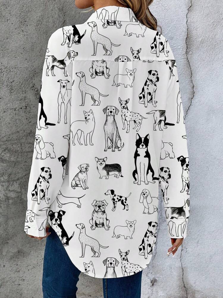 Casual Minimalist Cartoon Animal Print Loose Fit Women Shirt, Suitable For Autumn/Winter Chic Blouses For Women,Casual