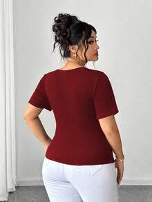 Elenzga 大码女式性感V领交叉短袖镂空系带T恤 - 酒紅色 - 查看 2