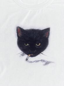 Manfinity Dauomo 男士复古风格白色 T 恤，配吸烟猫图案，Y2K 复古 T 恤，猫 T 恤，时尚街头服饰图案 T 恤 - 白色 - 查看 6