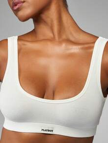 Missguided x Playboy Women Scoop Neck Cotton Bralette High Support Crop Top With Wide Shoulder Straps Elastic Band High Impact Control Underwear Essential Base Layer Inner Wear - White - View 3