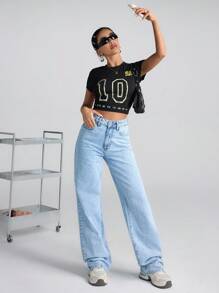 EURMUSE HIGH WAIST Straight Leg Jeans Snow Wash Women S Clothes Woman S Summer Clothes Women S Bottoms Wide Leg Jeans - Medium Wash - View 3