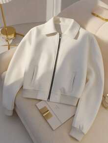 Franclia 女士时尚优雅拉链口袋夹克 - 白色 - 查看 1