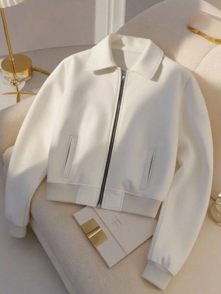 Franclia 女士时尚优雅拉链口袋夹克 - 白色 - 查看 1