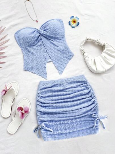 SHEIN 青少年女孩假日淡蓝色针织纹理抹胸上衣，采用扭纹设计和褶饰抽绳迷你裙 2 件套，适合派对、下午茶、海滩
